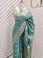 Tussar banarasi with wavy contrast floral and golden zari design