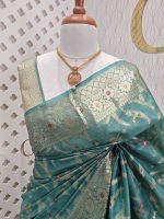 Tussar banarasi with wavy contrast floral and golden zari design - Image 2