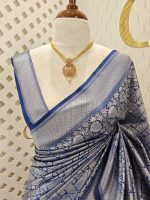 Soft Katan silk with silver zari geometric pattern - Image 9