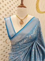 Soft Katan silk with silver zari geometric pattern - Image 10