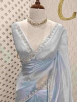 Organza with floral sequence and peal work border - Image 6