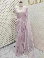 Organza with floral sequence and peal work border - Image 19