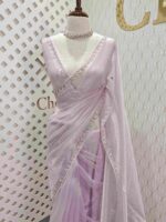 Organza with floral sequence and peal work border - Image 17