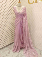 Organza with peal work scalped border with veins and flower design - Image 11