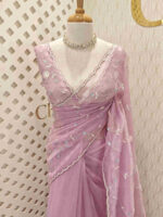 Organza with peal work scalped border with veins and flower design - Image 13