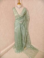 Organza with peal work scalped border with veins and flower design - Image 26