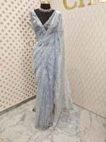 Organza with peal work scalped border with veins and flower design - Image 7