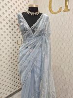 Organza with peal work scalped border with veins and flower design - Image 5