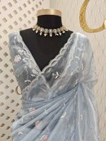 Organza with peal work scalped border with veins and flower design - Image 6