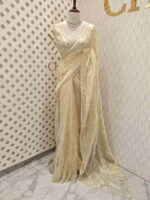 Organza with peal work scalped border with veins and flower design - Image 8