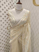 Organza with peal work scalped border with veins and flower design - Image 9
