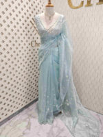 Organza with peal work scalped border with veins and flower design - Image 16