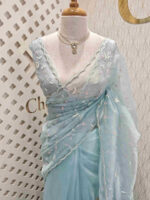 Organza with peal work scalped border with veins and flower design - Image 15