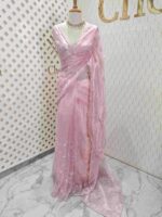 Organza with peal work scalped border with veins and flower design - Image 17