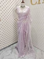 Organza with peal work scalped border with veins and flower design - Image 4