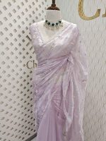Organza with peal work scalped border with veins and flower design