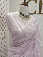 Organza with peal work scalped border with veins and flower design - Image 2