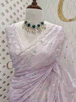 Organza with peal work scalped border with veins and flower design - Image 3