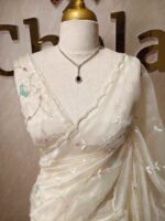 Organza with peal work scalped border with veins and flower design - Image 32