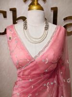 Organza with peal work scalped border with veins and flower design - Image 37