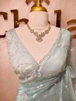 Organza with peal work scalped border with veins and flower design - Image 38