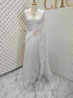Organza with peal work scalped border with veins and flower design - Image 20
