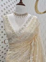 Organza with climber plant thread work with cut beads and stone - Image 3