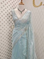 Organza with climber plant thread work with cut beads and stone - Image 5