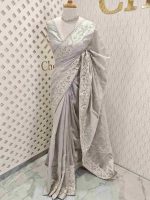 Semi tussar with floral back stitch embroidery with cut work - Image 8