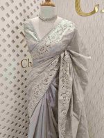Semi tussar with floral back stitch embroidery with cut work - Image 9