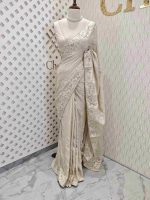 Semi tussar with floral back stitch embroidery with cut work - Image 11