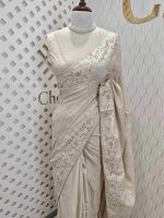 Semi tussar with floral back stitch embroidery with cut work - Image 12