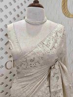 Semi tussar with floral back stitch embroidery with cut work - Image 7
