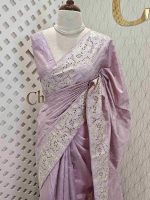 Semi tussar with floral back stitch embroidery with cut work - Image 6