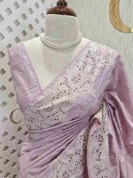 Semi tussar with floral back stitch embroidery with cut work - Image 5