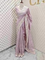 Semi tussar with floral back stitch embroidery with cut work - Image 4