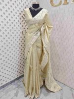 Semi tussar with floral back stitch embroidery with cut work - Image 3