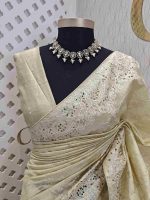 Semi tussar with floral back stitch embroidery with cut work - Image 2
