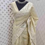 Semi tussar with floral back stitch embroidery with cut work