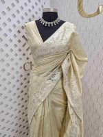 Semi tussar with floral back stitch embroidery with cut work