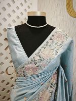 Semi Tussar  with big flower and cut work border - Image 2