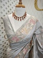 Semi Tussar  with big flower and cut work border - Image 11