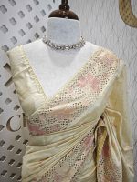 Semi Tussar  with big flower and cut work border - Image 13