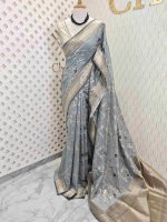 Chanderi silk with diagonal line and flower and leafs design - Image 13