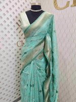 Chanderi silk with diagonal line and flower and leafs design - Image 12