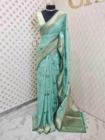 Chanderi silk with diagonal line and flower and leafs design - Image 11
