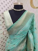 Chanderi silk with diagonal line and flower and leafs design - Image 10