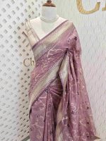 Chanderi silk with diagonal line and flower and leafs design - Image 9