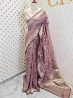 Chanderi silk with diagonal line and flower and leafs design - Image 7