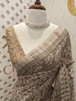 Jute silk with flower embroidery pallu and flower batik body - Image 8
